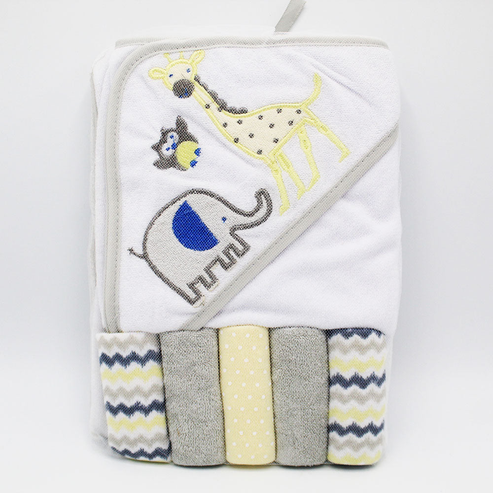 Imported Baby Bath Hooded Towel & 5 Pcs Washcloths Set