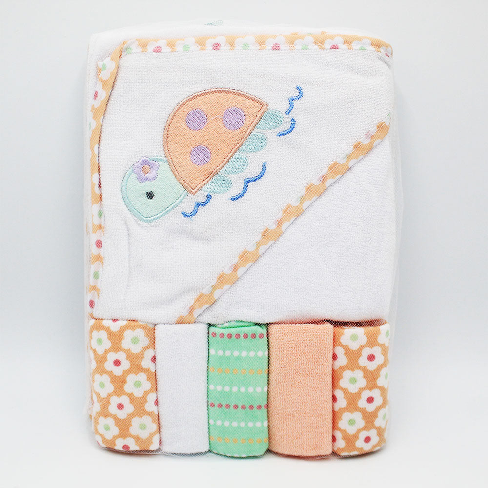 Imported Baby Bath Hooded Towel & 5 Pcs Washcloths Set