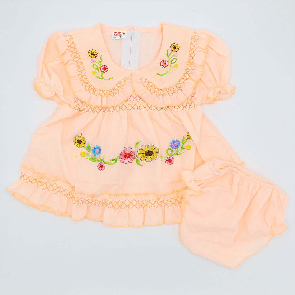 Imported Baby Girl Cute Collar Embroidered Floral Short Sleeves Frock Dress with Elastic Nekker Shorts for 3-12 Months