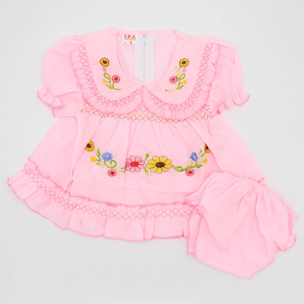 Imported Baby Girl Cute Collar Embroidered Floral Short Sleeves Frock Dress with Elastic Nekker Shorts for 3-12 Months