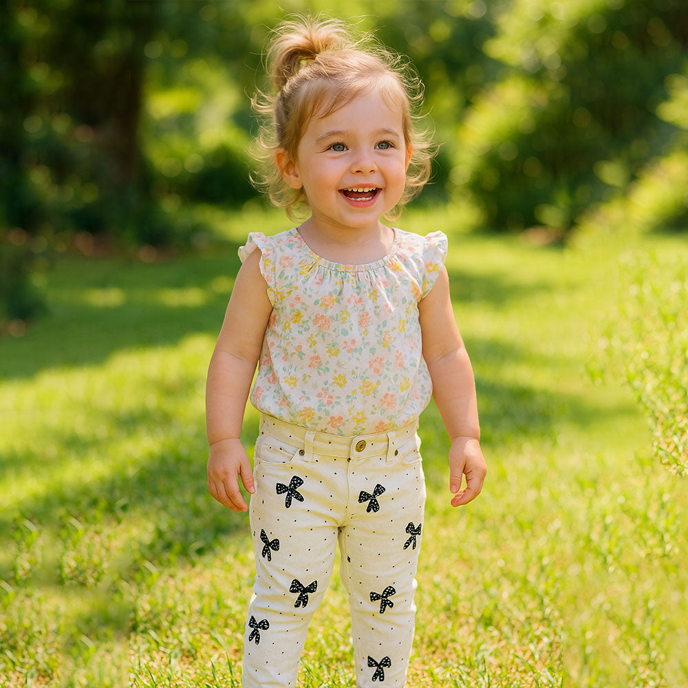 Imported Baby Girl Bow Printed White Cotton Pants for 9 Months - 3 Years