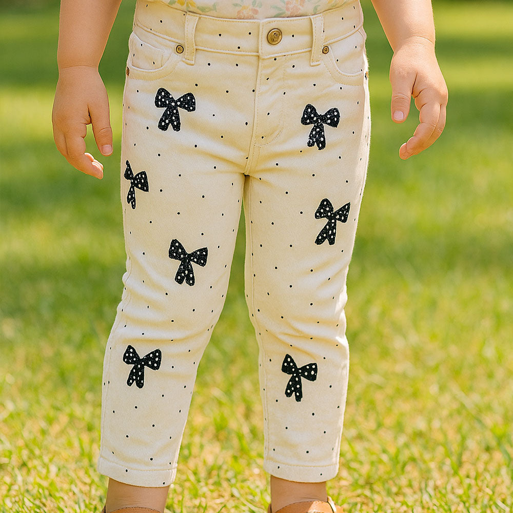 Imported Baby Girl Bow Printed White Cotton Pants for 9 Months - 3 Years
