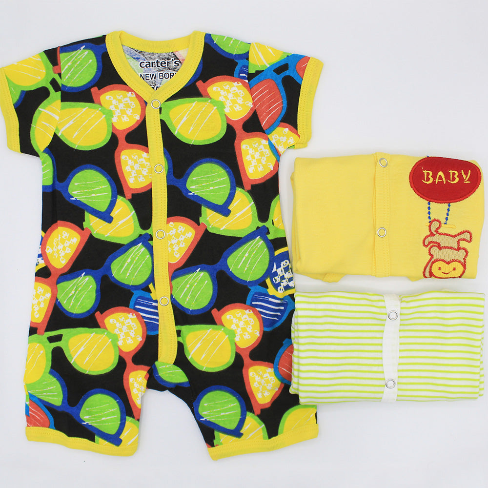 Imported Pack of 3 Rompers Half Sleeves Cotton Stuff Jumpsuit for 0-12 Months