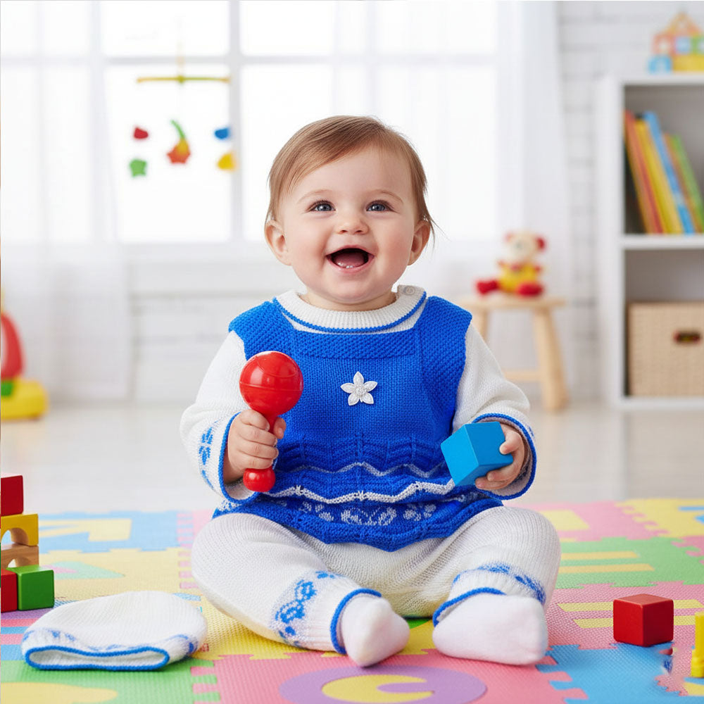 Baby Girl Winter Cute Flower Woolen Knitted Baby 4 Pcs Sweater Suit With Cap for 3-9 Months