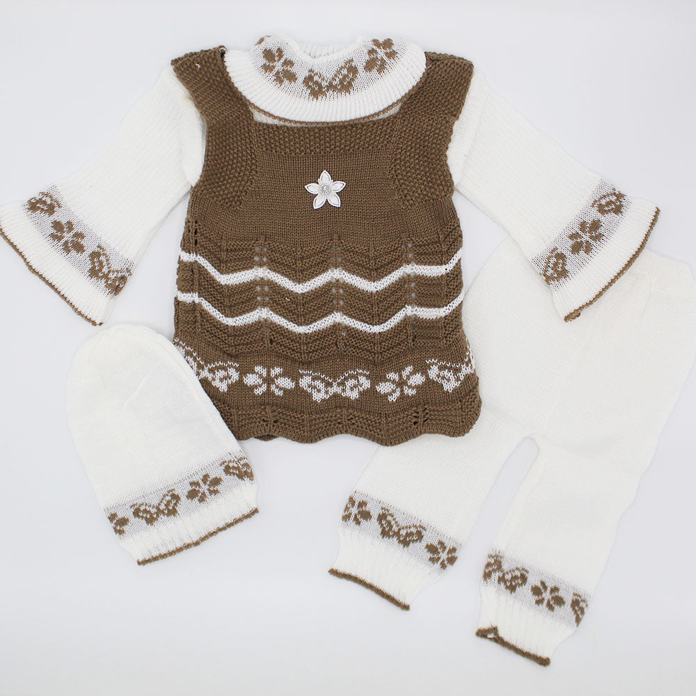 Baby Girl Winter Cute Flower Woolen Knitted Baby 4 Pcs Sweater Suit With Cap for 3-9 Months