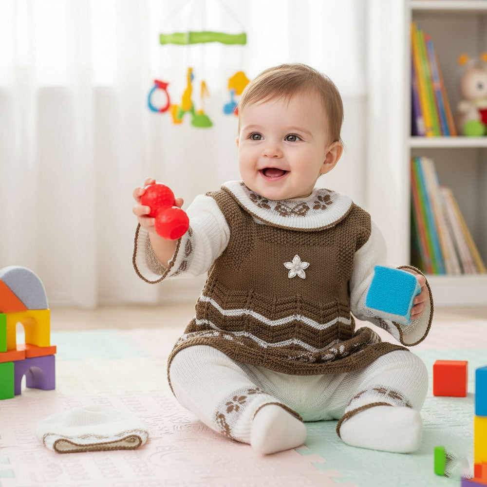 Baby Girl Winter Cute Flower Woolen Knitted Baby 4 Pcs Sweater Suit With Cap for 3-9 Months