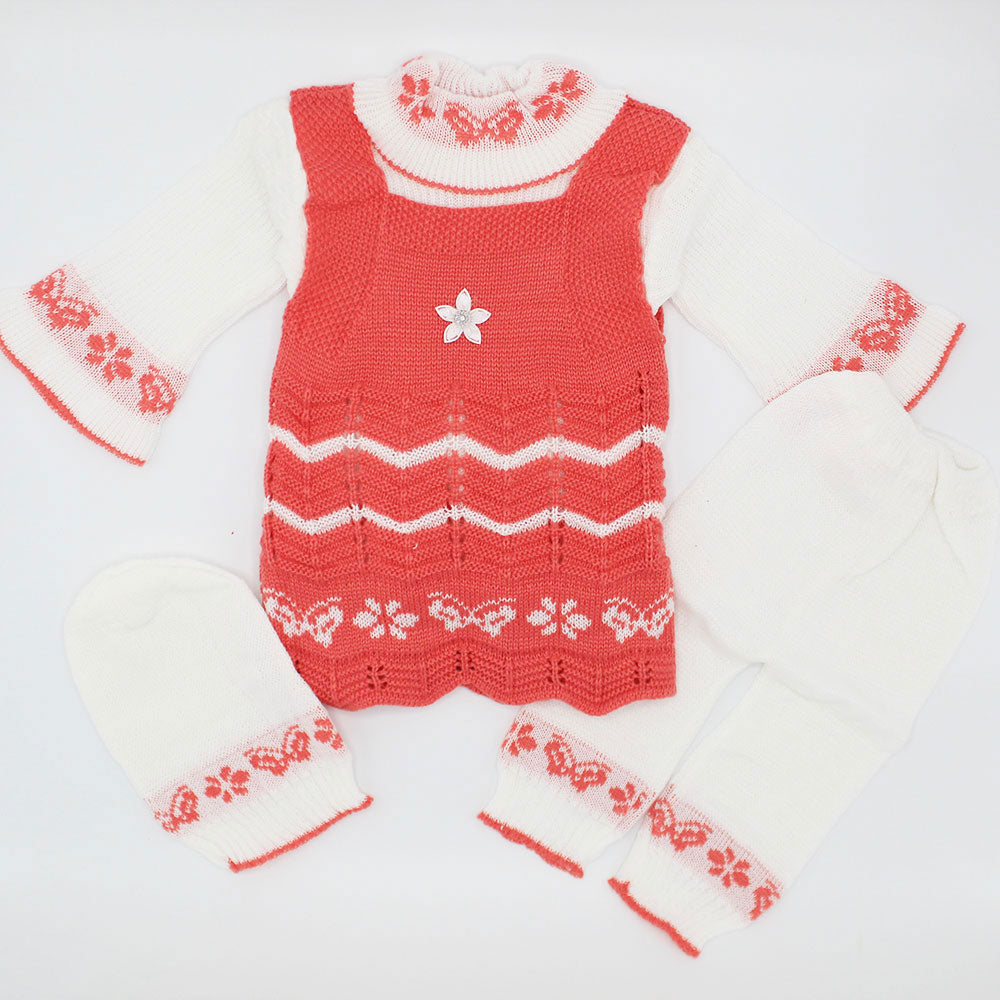 Baby Girl Winter Cute Flower Woolen Knitted Baby 4 Pcs Sweater Suit With Cap for 3-9 Months