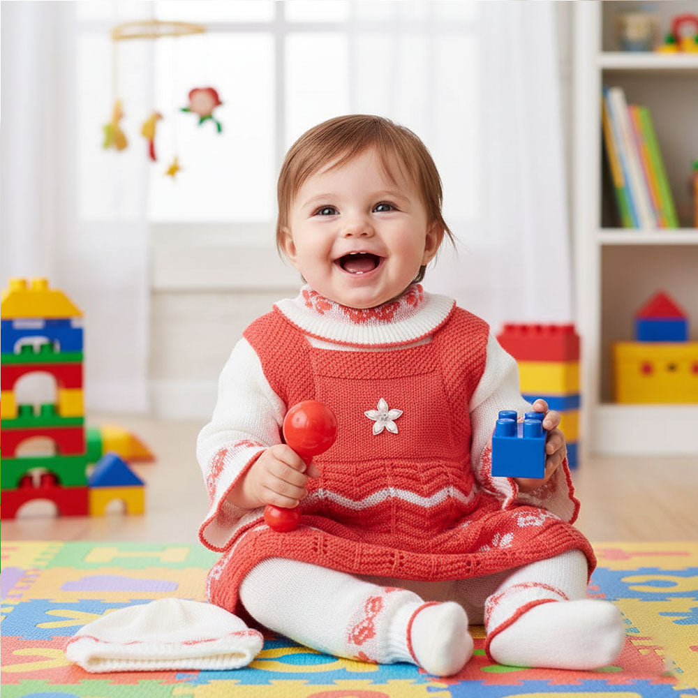 Baby Girl Winter Cute Flower Woolen Knitted Baby 4 Pcs Sweater Suit With Cap for 3-9 Months