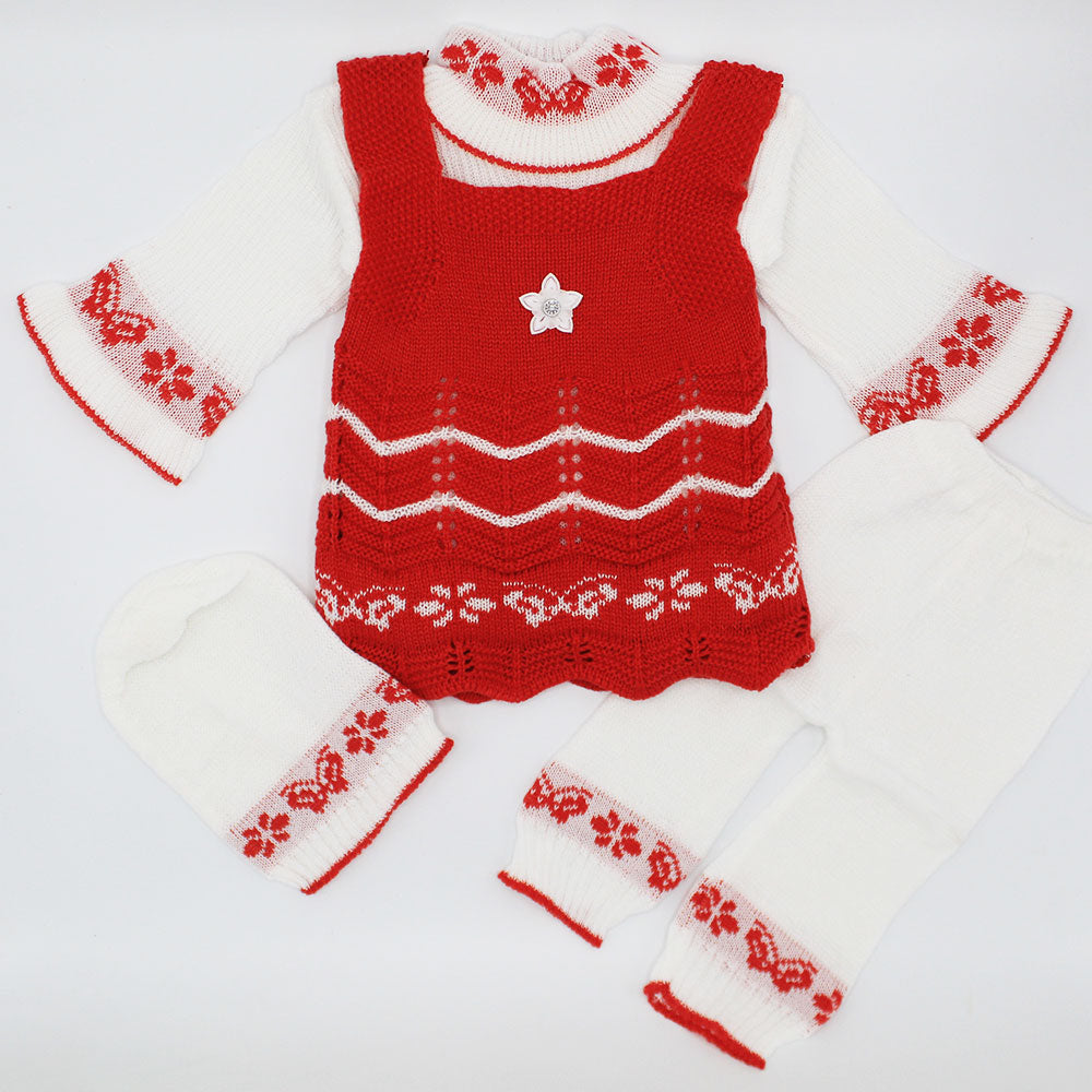 Baby Girl Winter Cute Flower Woolen Knitted Baby 4 Pcs Sweater Suit With Cap for 3-9 Months