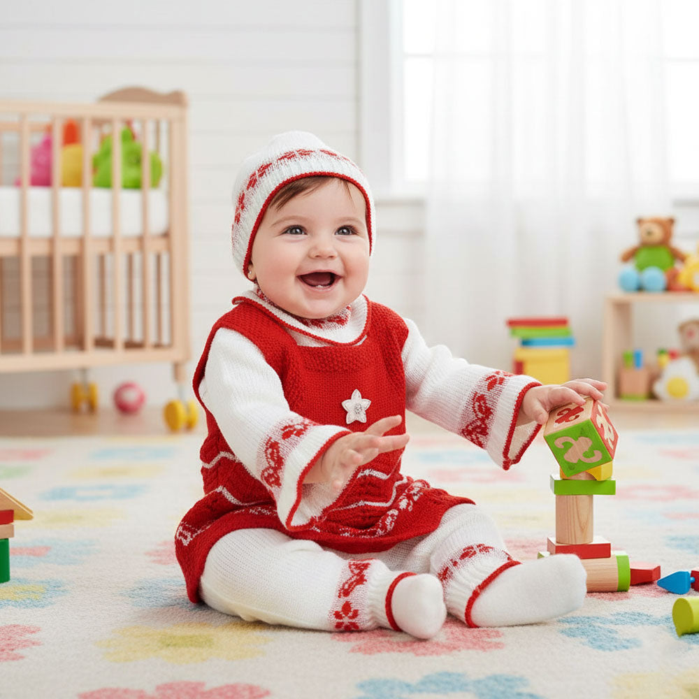 Baby Girl Winter Cute Flower Woolen Knitted Baby 4 Pcs Sweater Suit With Cap for 3-9 Months