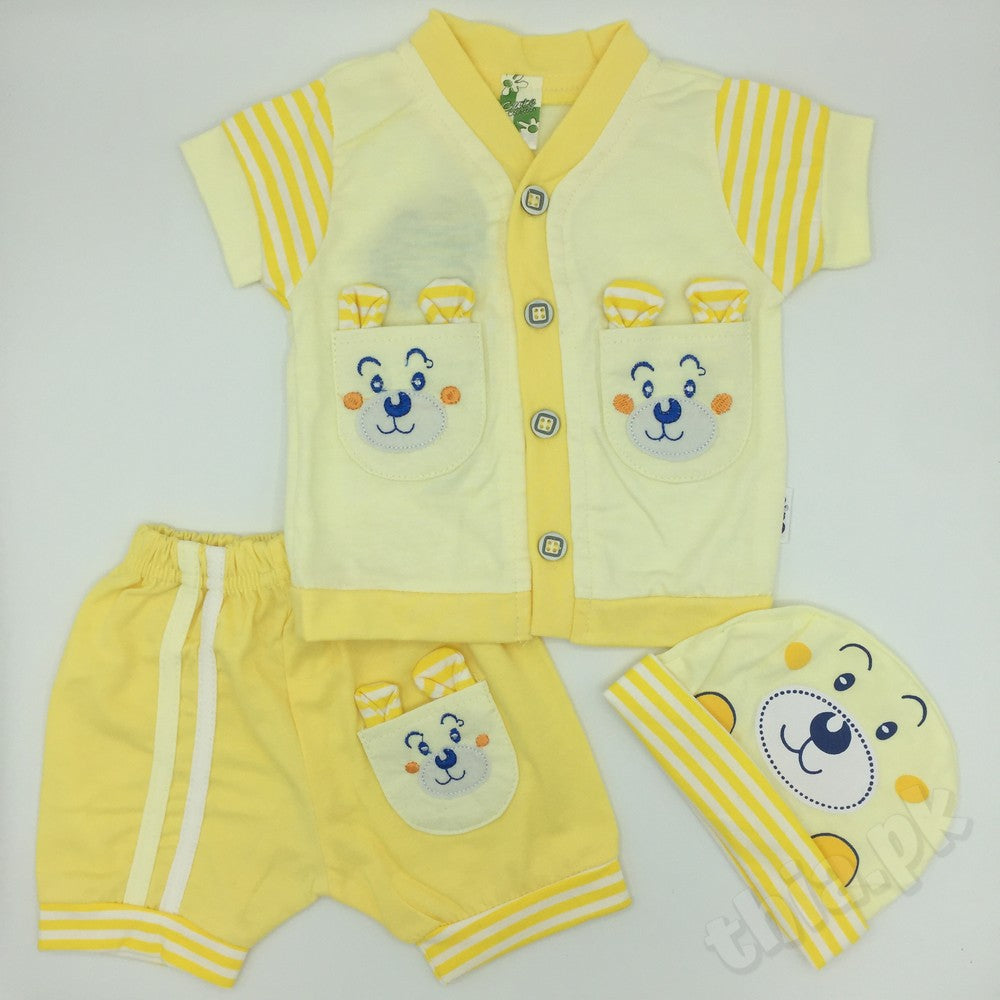 Newborn Baby Boy Cute Double Pocket Cartoon Style Summer Suit Set Cotton Stuff Clothes for 0-3 months Printed - Baba Shirt Half Sleeves Buttons Shorts and Cap Party Fancy - Toddler Infant Newborn Gift Present