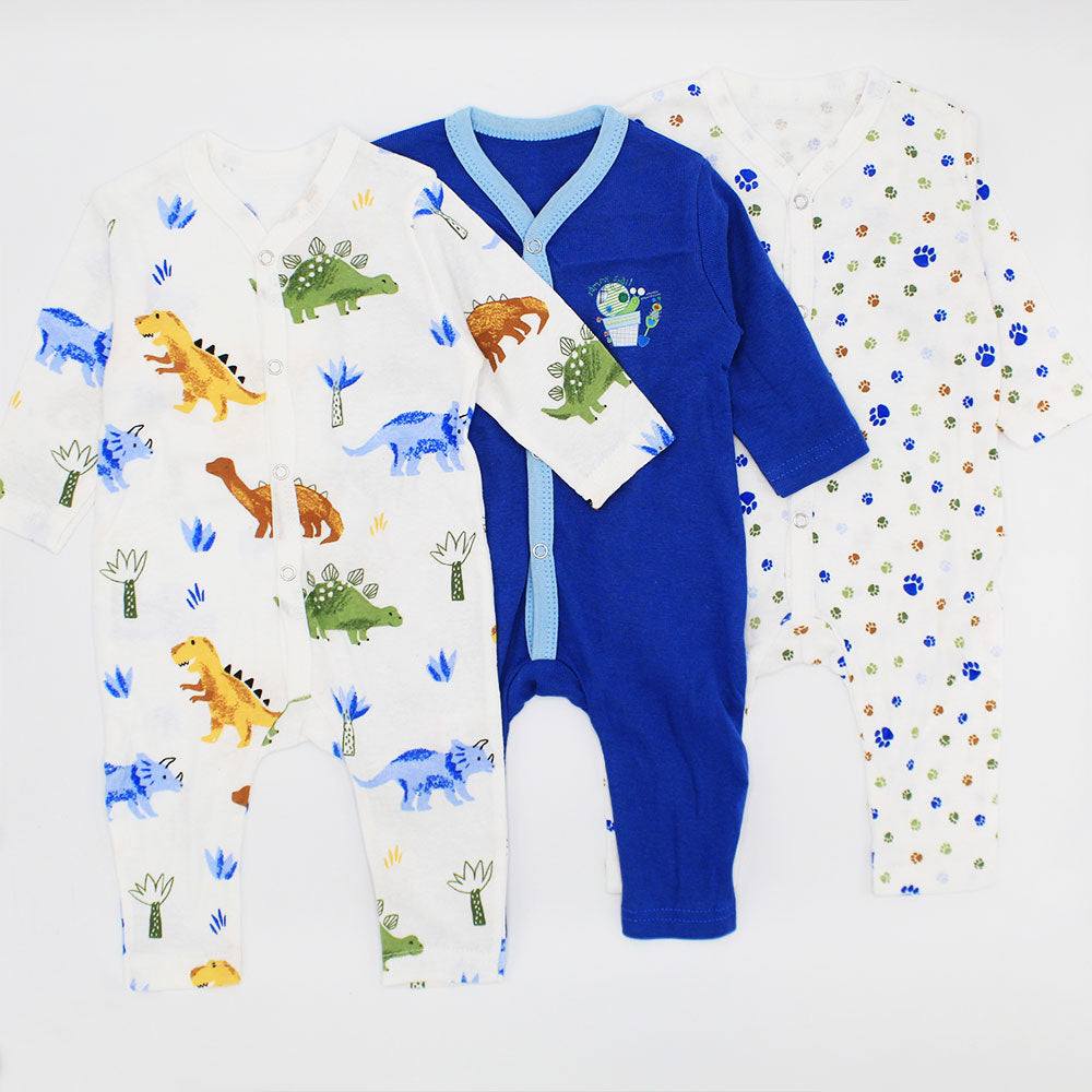 Imported Pack of 3 Rompers Full Sleeves Cotton Stuff Jumpsuit Sleepsuit for 0-24 Months