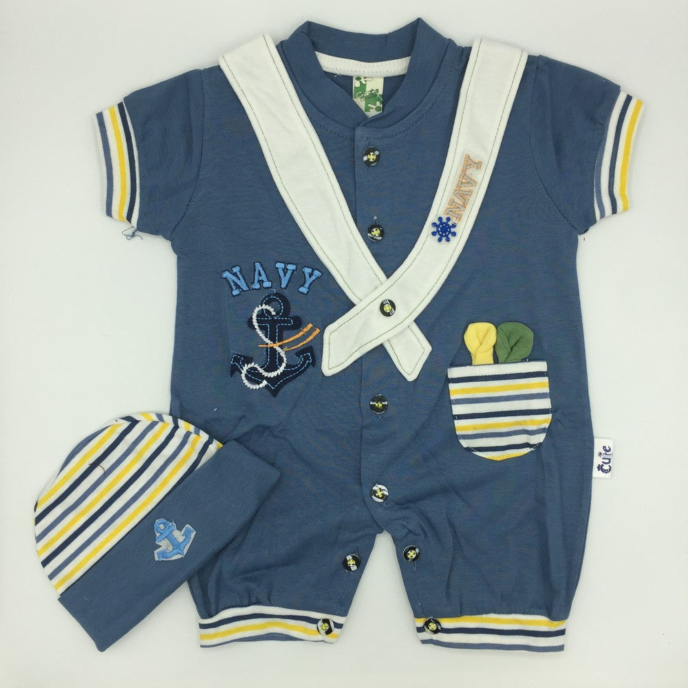 Newborn Navy Summer Romper Suit with Cap for 0-3 months