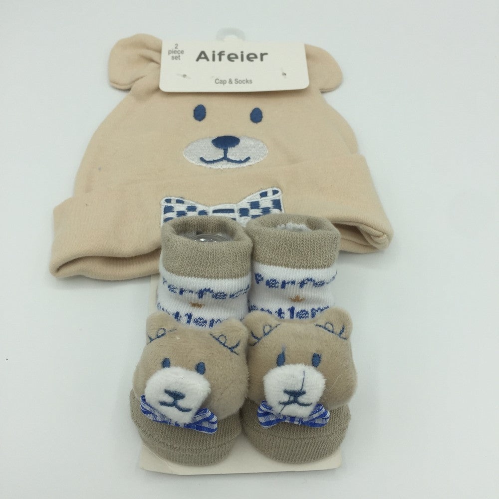 Newborn Imported Fancy Super Soft Cotton Baby Cap with Booties Cartoon Character Bear Bow Love Cap Set From 0 Month + Newborn Bornbaby Baba Infant Toddler Unisex Party Wear Eid Newborn Gift Box