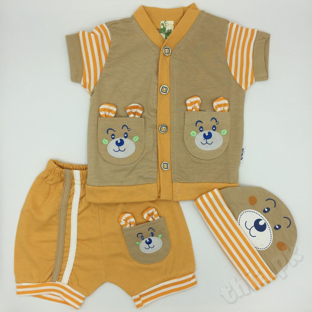 Newborn Baby Boy Cute Double Pocket Cartoon Style Summer Suit Set Cotton Stuff Clothes for 0-3 months Printed - Baba Shirt Half Sleeves Buttons Shorts and Cap Party Fancy - Toddler Infant Newborn Gift Present