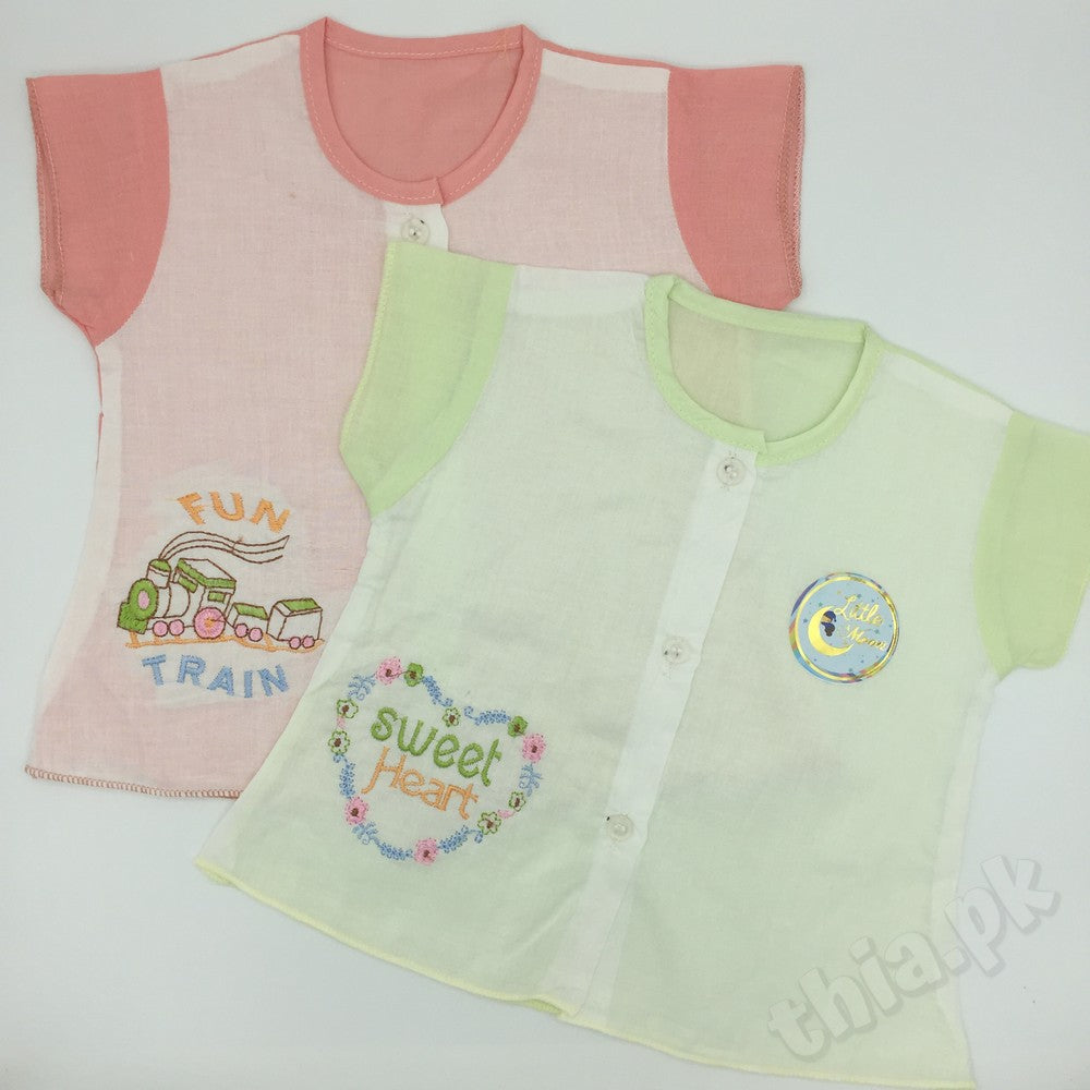 Best Quality Pack of 2 Pcs Born Baby Girl Soft Lawn Jabla Lose Frock Shirt Half Sleeves with Buttons - Bornbaby Daily Wear Shirt For Newborn 0-3 Months Old At Thia.pk
