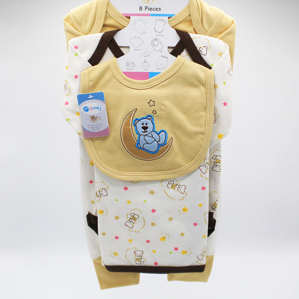 Newborn Baby 8 Pcs Cute Bear Soft Cotton Summer Starter Set with Wrapping Sheet for 0-6 Months