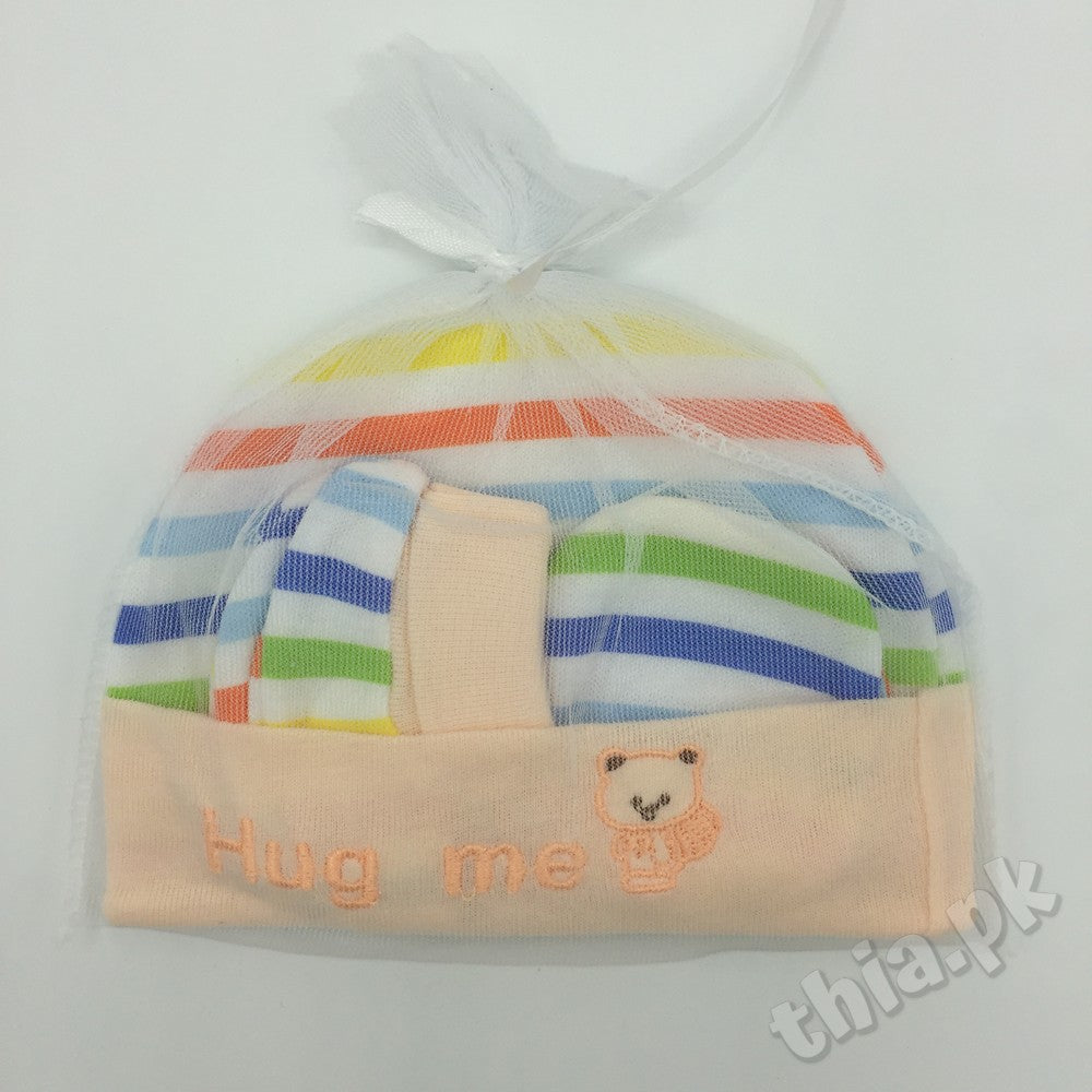 Fancy Soft Cotton Cap Set - 1 Cap, Pair of Booties, Pair of Mittens