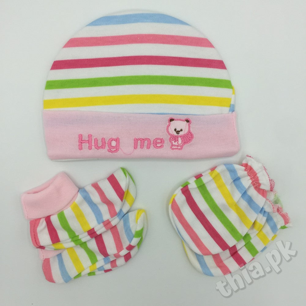 Fancy Soft Cotton Cap Set - 1 Cap, Pair of Booties, Pair of Mittens