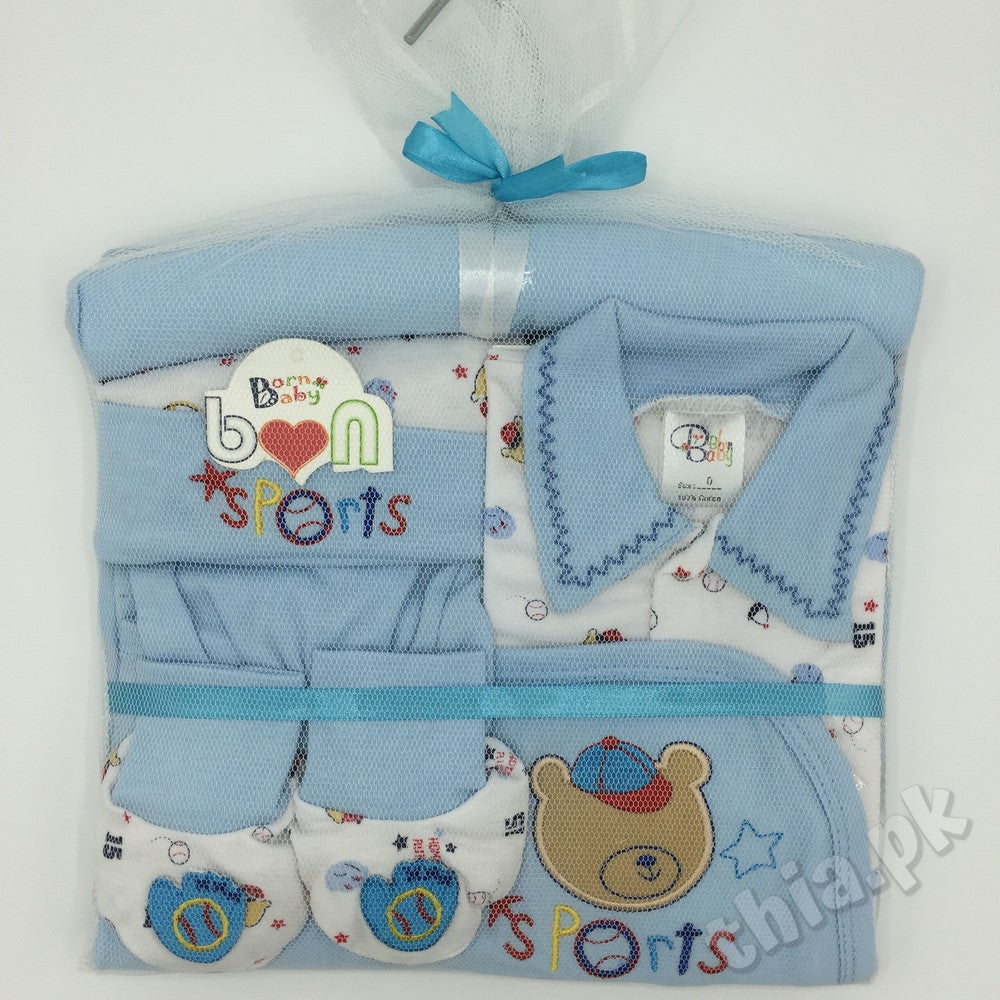 Born Baby 6 Pcs Gift Set 6 Pcs Include (T-Shirt,Pants,Wrapping Sheet,Hanger,Cap & Booties)