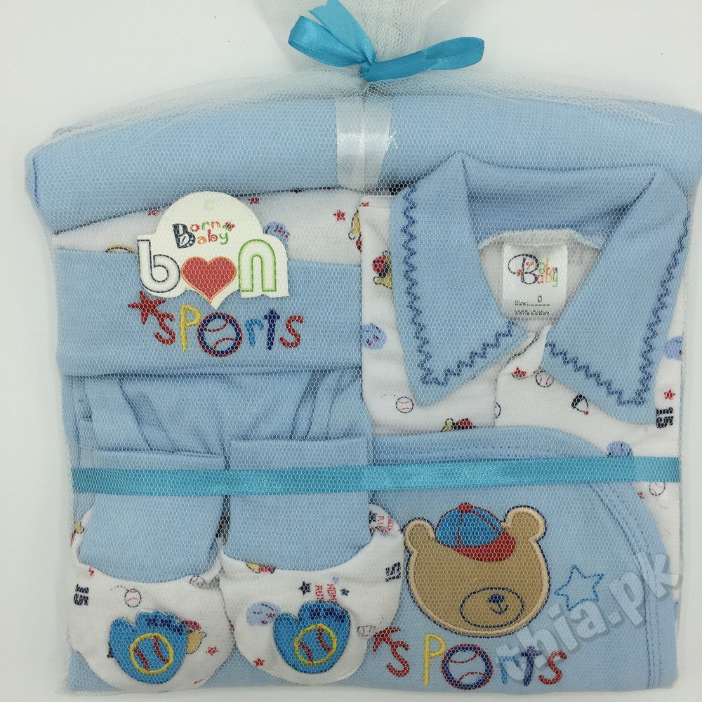 Born Baby 6 Pcs Gift Set 6 Pcs Include (T-Shirt,Pants,Wrapping Sheet,Hanger,Cap & Booties)