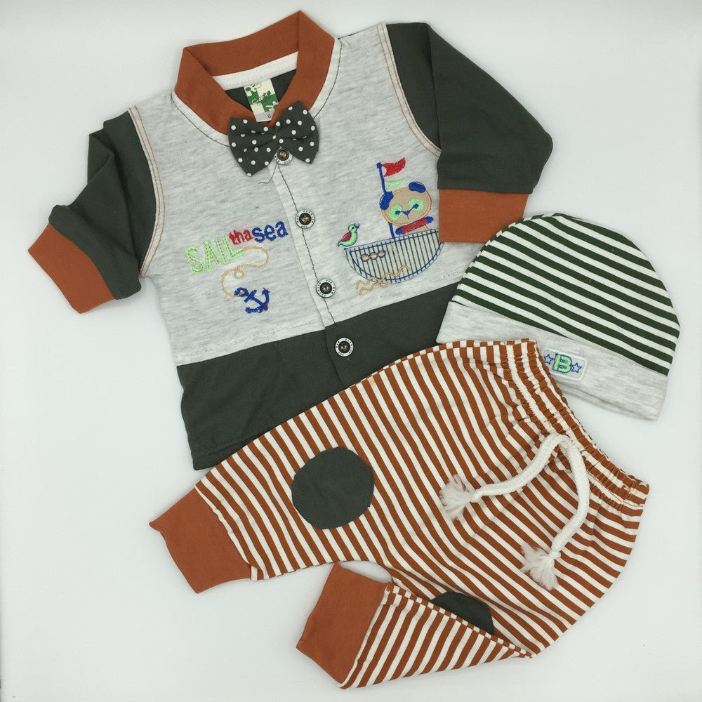 Newborn Baby Sail The Sea Long Sleeve Shirt, Pajama and Cap For 0-3 Months