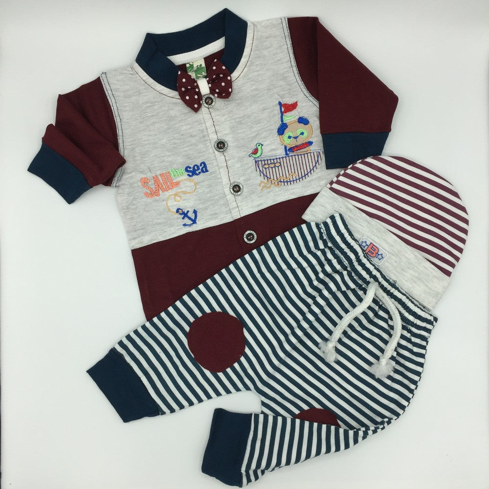 Newborn Baby Sail The Sea Long Sleeve Shirt, Pajama and Cap For 0-3 Months