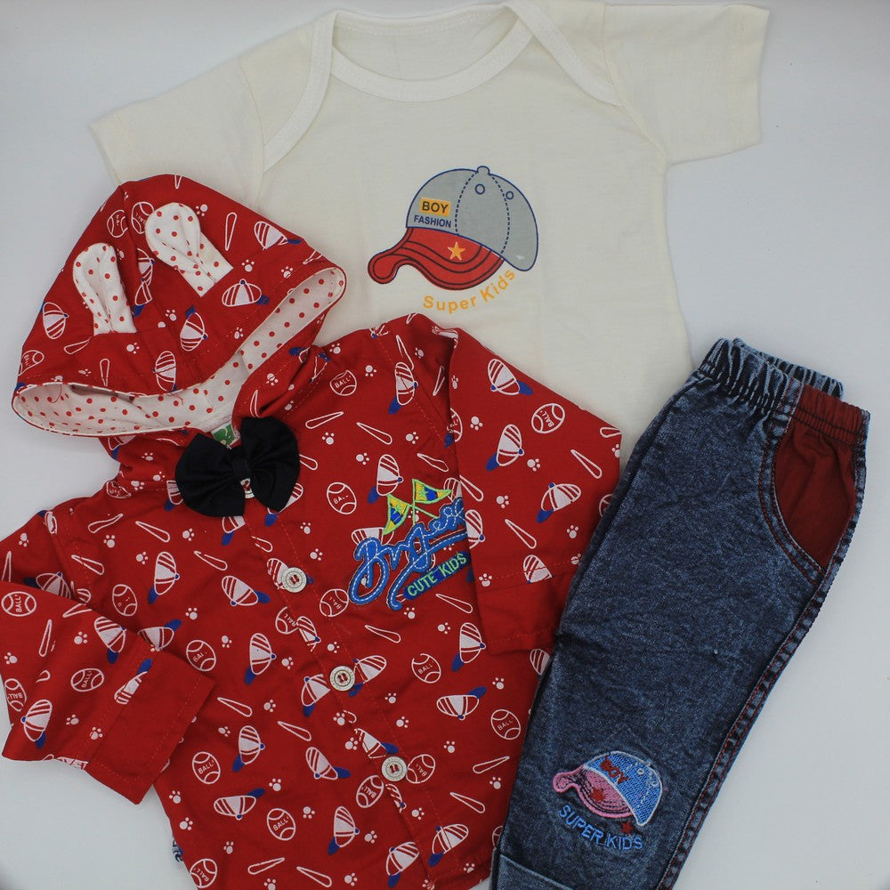 Newborn Baby 3pcs Set Printed Inner T-Shirt with Long Sleeves Bow Tie Hooded Shirt and Pant