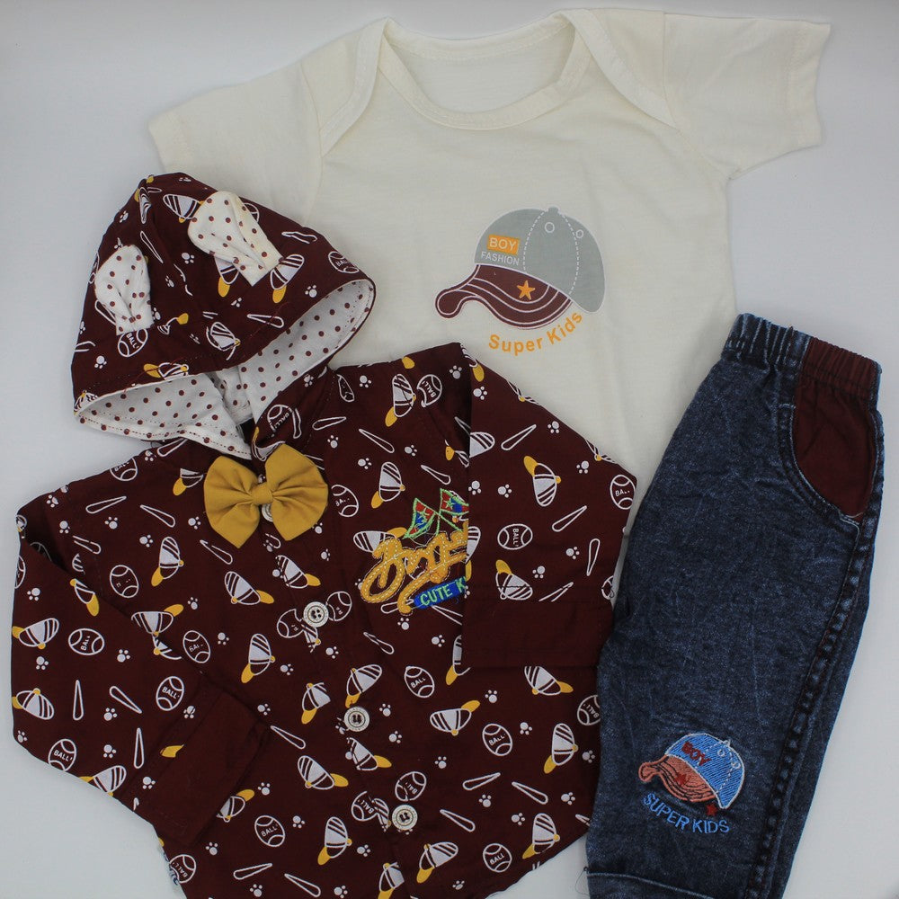 Newborn Baby 3pcs Set Printed Inner T-Shirt with Long Sleeves Bow Tie Hooded Shirt and Pant