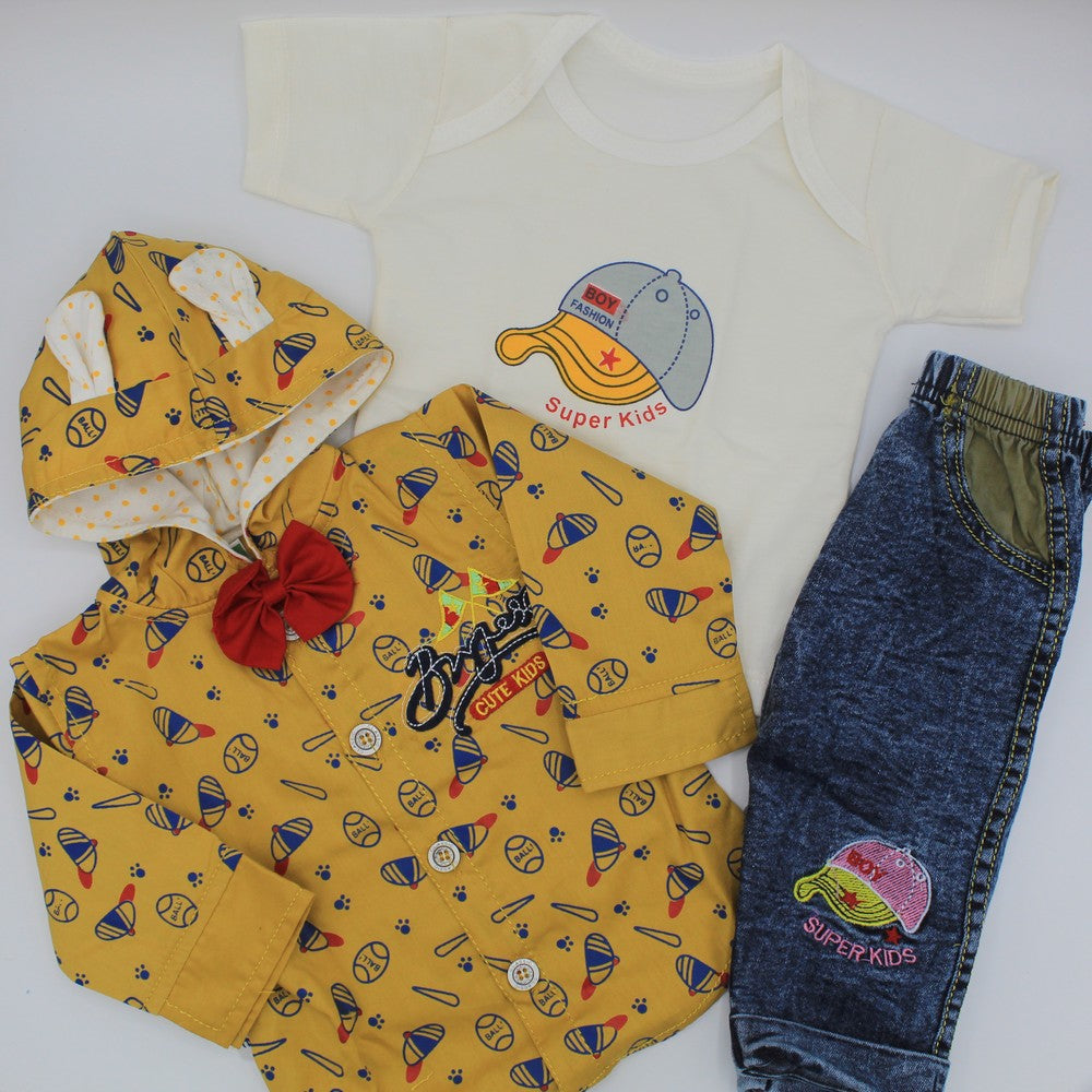 Newborn Baby 3pcs Set Printed Inner T-Shirt with Long Sleeves Bow Tie Hooded Shirt and Pant