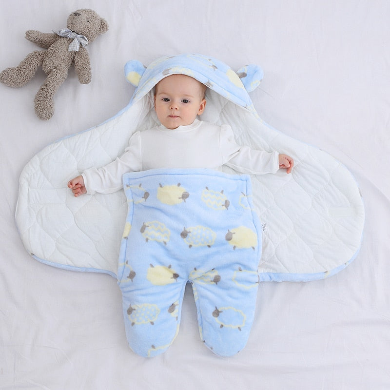Imported Winter Baby Sleeping Bag Flannel Swaddle Wrap with Legs Hood Receiving Blanket 0-9 Months