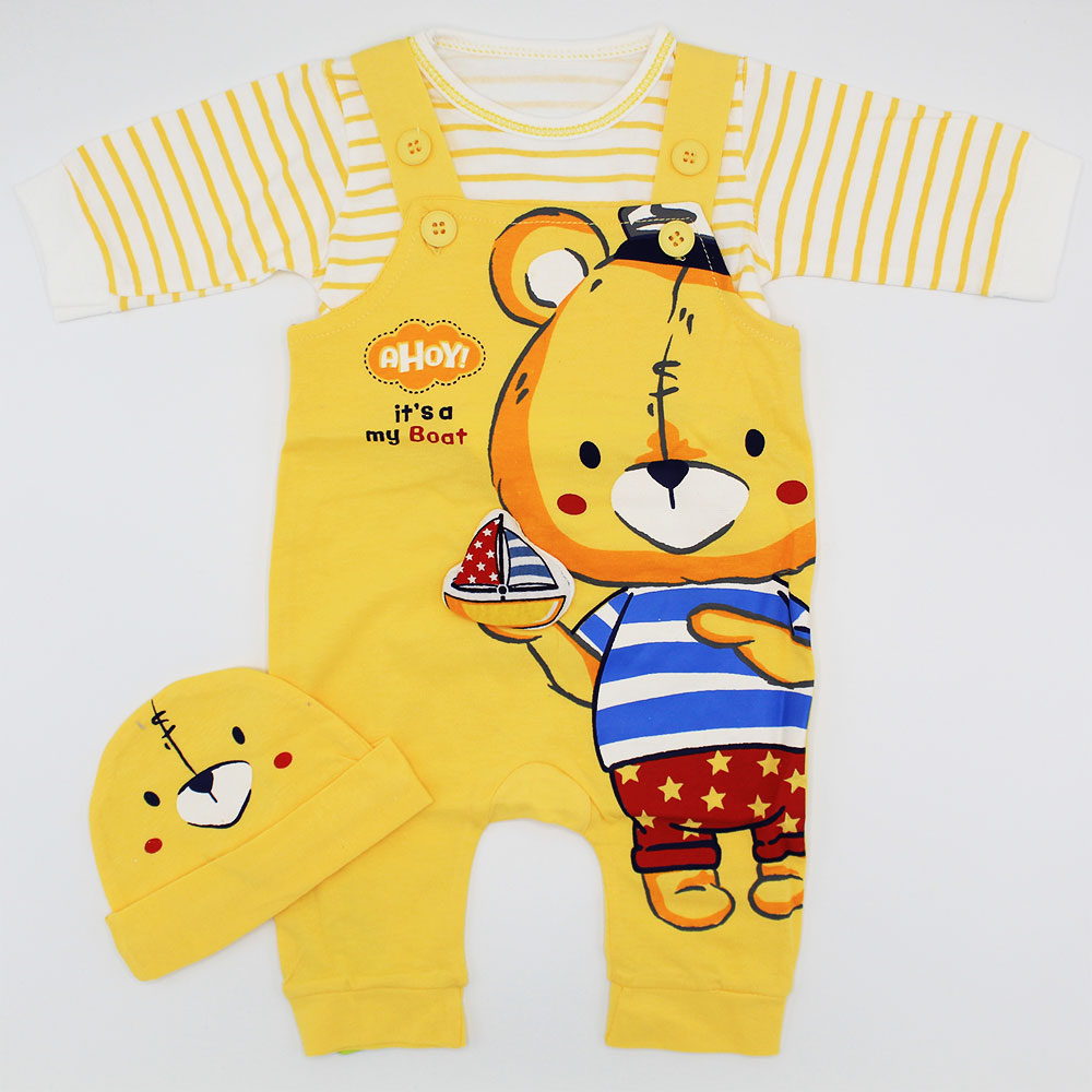 Newborn Baby 3D Boat Bear Full Sleeves Dungaree Romper for 0-3 Months