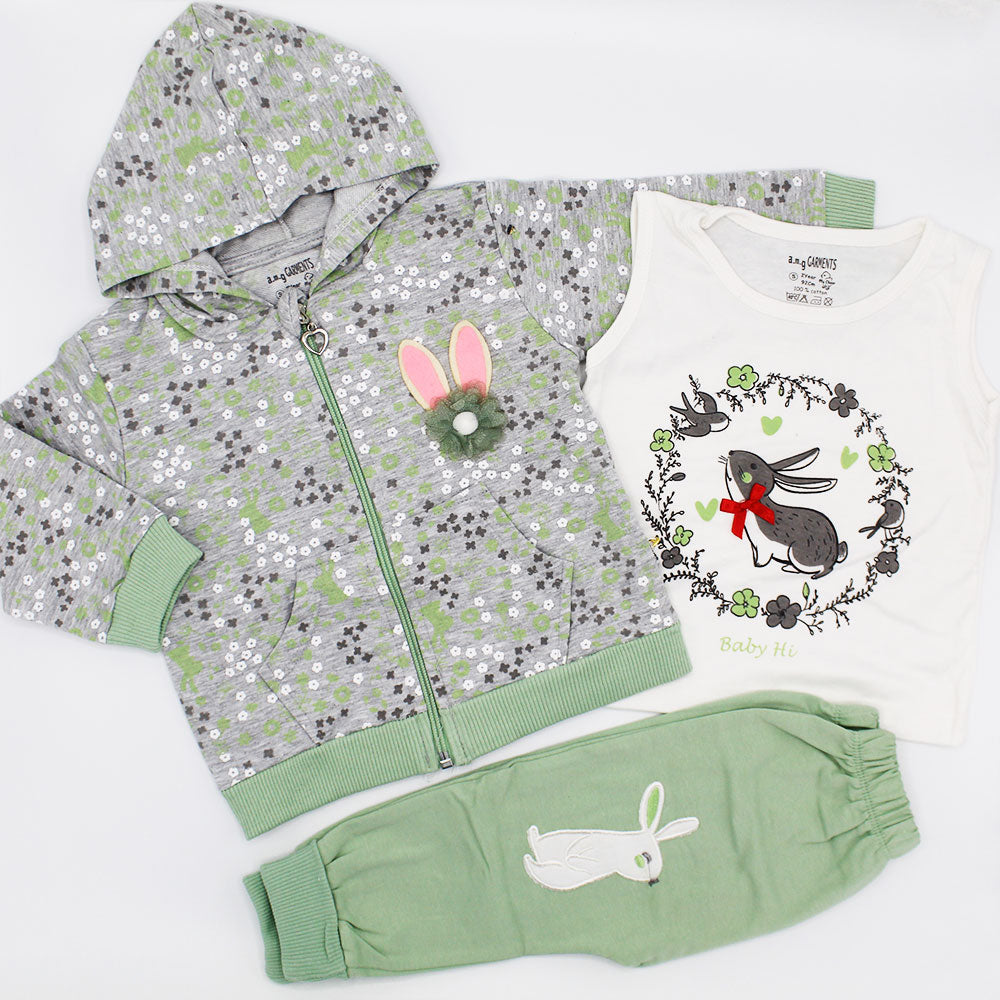 Kids Winter Terry Cute Rabbit 3 Pcs Hoodie Full Sleeves Stylish Dress for 12 Months - 4 Years
