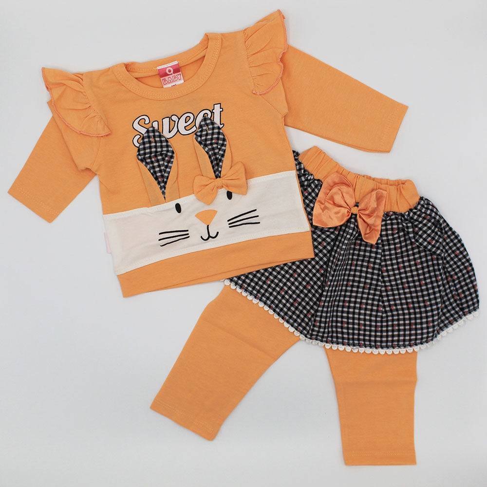 Baby Girl Sweet Bunny Full Sleeve Shirt with Skirt Style Pant for 6-18 Months