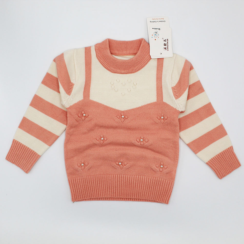 Imported Baby Girl Winter Super Fancy Pearl Flower Wool Warm Sweaters Long Sleeve Pullover for 3 Months - 3 Years