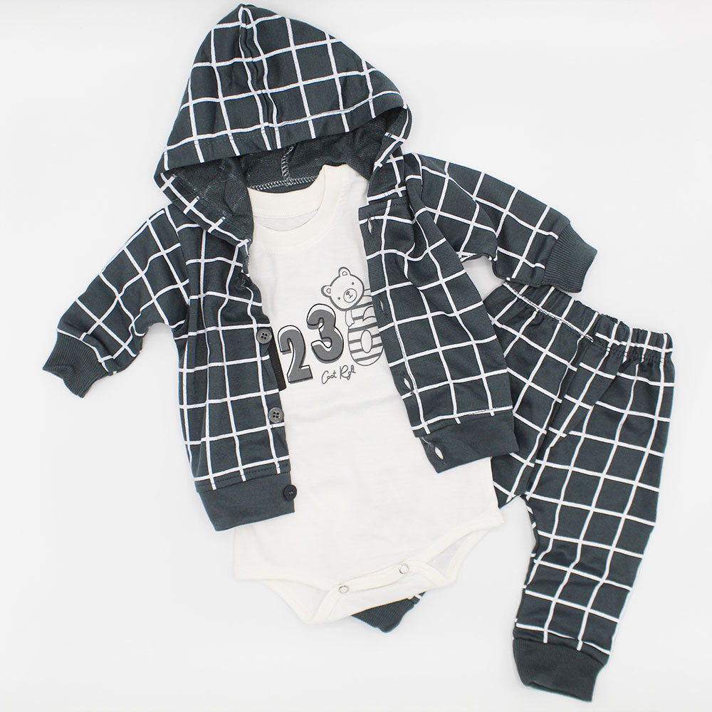 Baby Bear 123 Stylish Full Sleeves 3 Pcs Hooded Dress for 4-12 Months