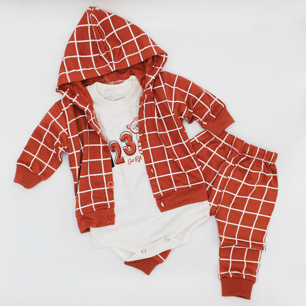 Baby Bear 123 Stylish Full Sleeves 3 Pcs Hooded Dress for 4-12 Months