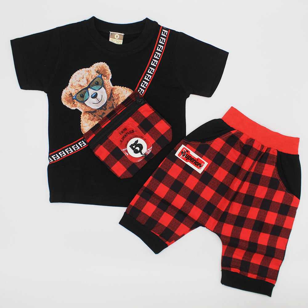 Kids Cute Bear 3D Crossbody Bag Style Dress with Check Shorts for 12 Months - 3 Years