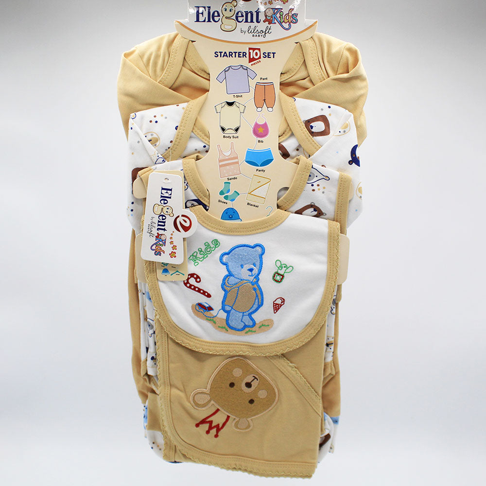 Newborn Baby 10 Pcs Cute Bear Embroidered Character Soft Cotton Summer Starter Set with Wrapping Sheet for 0-6 Months