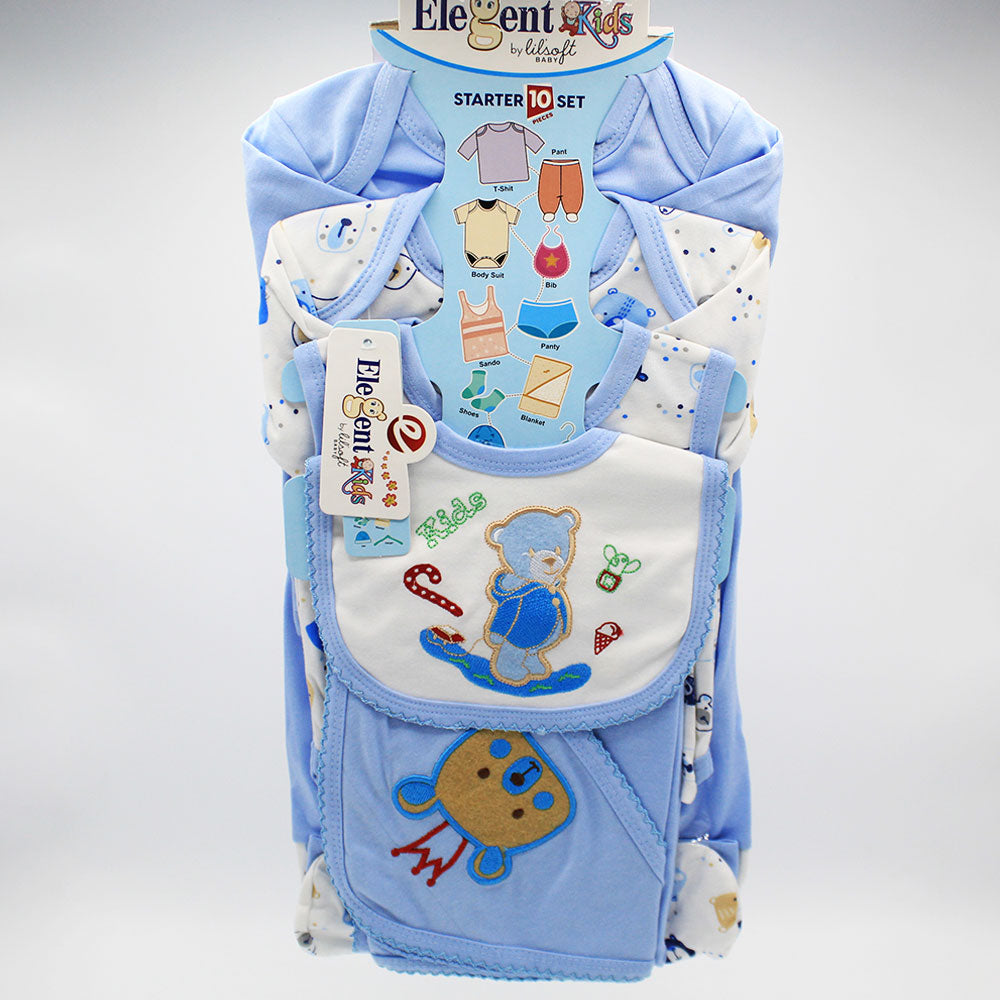 Newborn Baby 10 Pcs Cute Bear Embroidered Character Soft Cotton Summer Starter Set with Wrapping Sheet for 0-6 Months