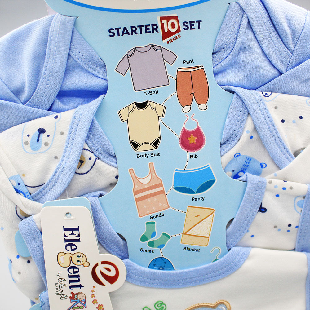 Newborn Baby 10 Pcs Cute Bear Embroidered Character Soft Cotton Summer Starter Set with Wrapping Sheet for 0-6 Months