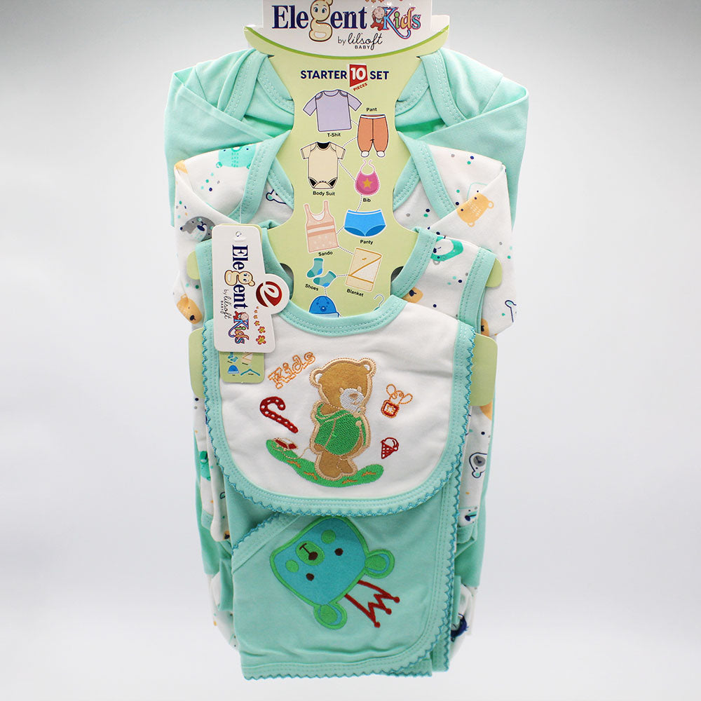 Newborn Baby 10 Pcs Cute Bear Embroidered Character Soft Cotton Summer Starter Set with Wrapping Sheet for 0-6 Months