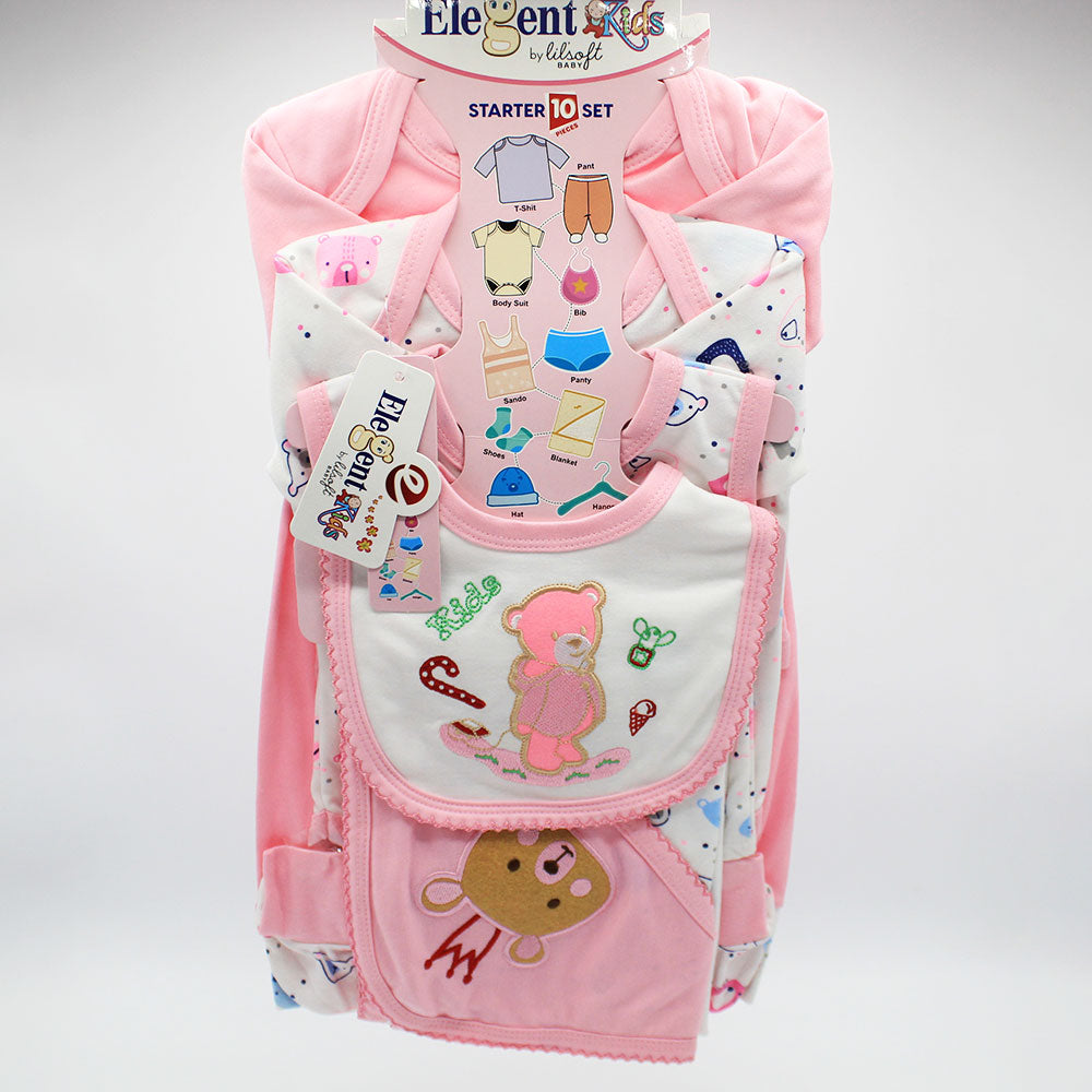 Newborn Baby 10 Pcs Cute Bear Embroidered Character Soft Cotton Summer Starter Set with Wrapping Sheet for 0-6 Months