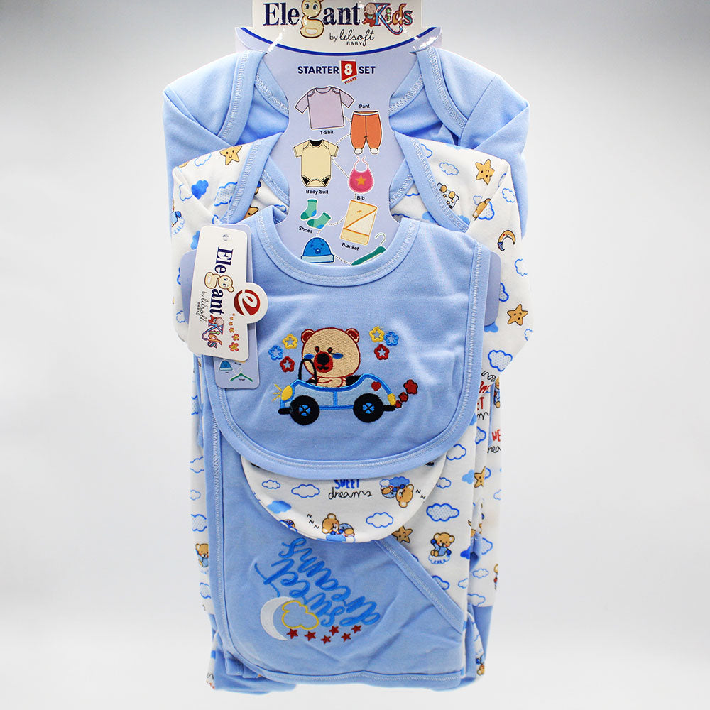 Newborn Baby 8 Pcs Cute Bear Embroidered Character Soft Cotton Summer Starter Set with Wrapping Sheet for 0-6 Months