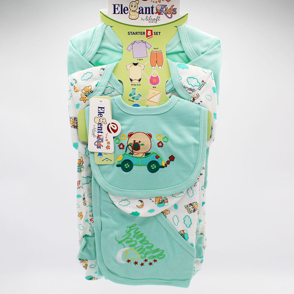 Newborn Baby 8 Pcs Cute Bear Embroidered Character Soft Cotton Summer Starter Set with Wrapping Sheet for 0-6 Months