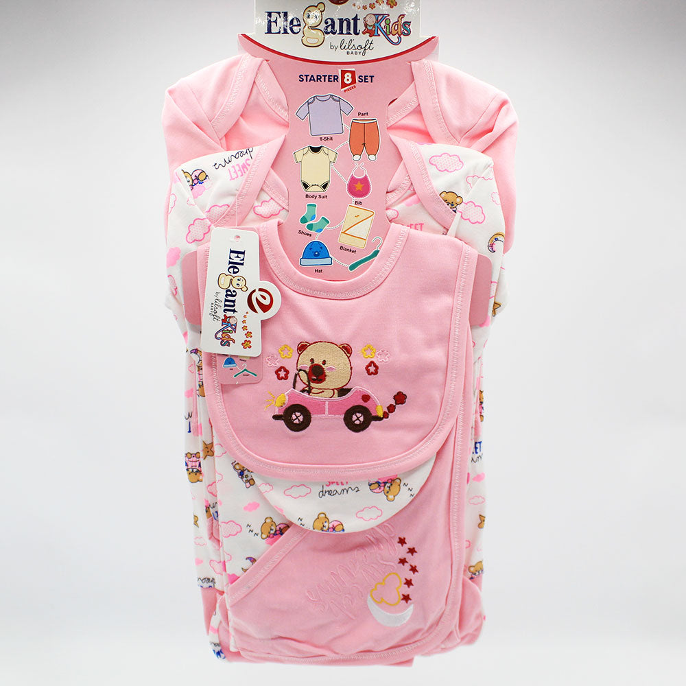 Newborn Baby 8 Pcs Cute Bear Embroidered Character Soft Cotton Summer Starter Set with Wrapping Sheet for 0-6 Months
