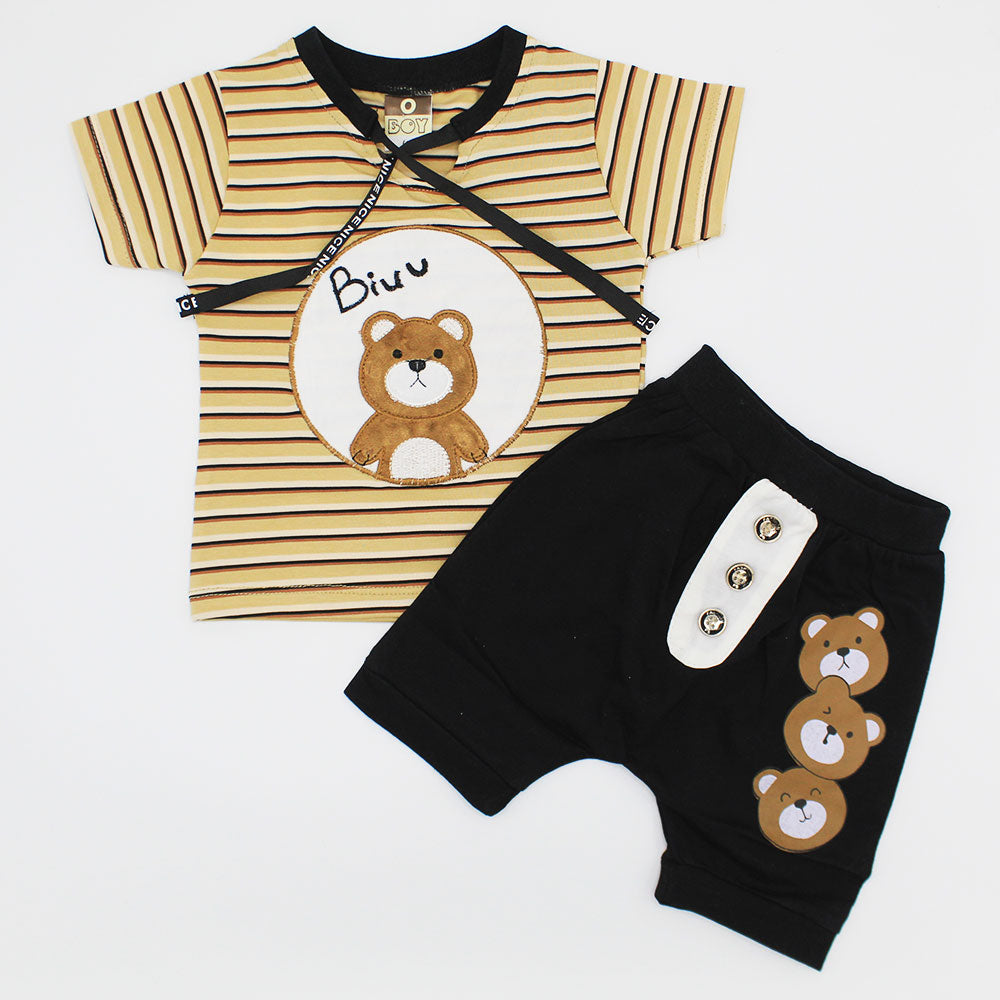 Baby Embroidered 3D Bear Shirt with Front Button Shorts for 4-18 Months