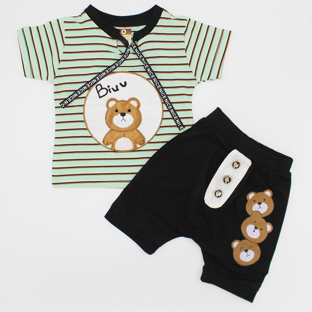 Baby Embroidered 3D Bear Shirt with Front Button Shorts for 4-18 Months