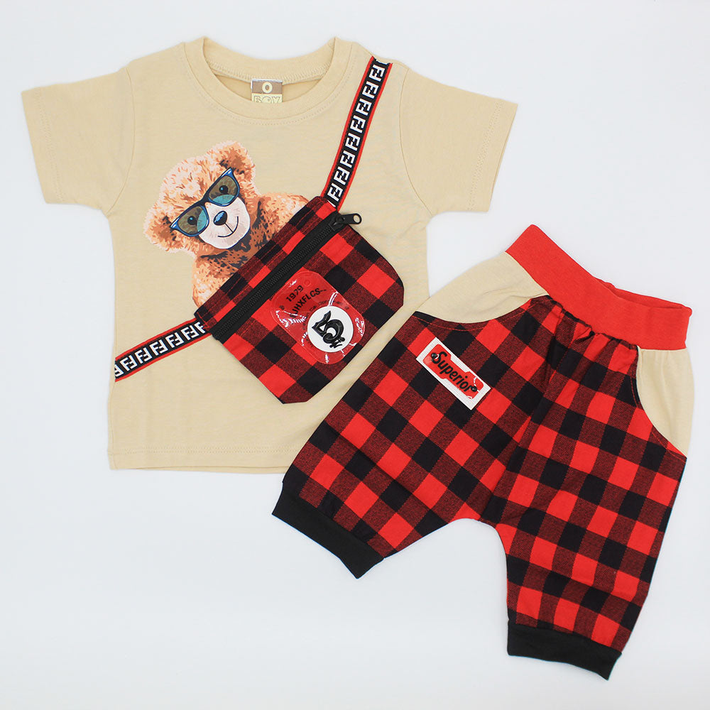 Kids Cute Bear 3D Crossbody Bag Style Dress with Check Shorts for 12 Months - 3 Years