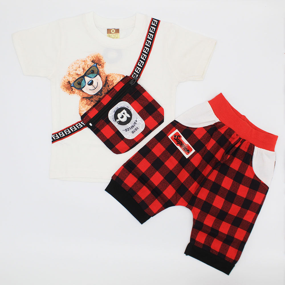 Kids Cute Bear 3D Crossbody Bag Style Dress with Check Shorts for 12 Months - 3 Years